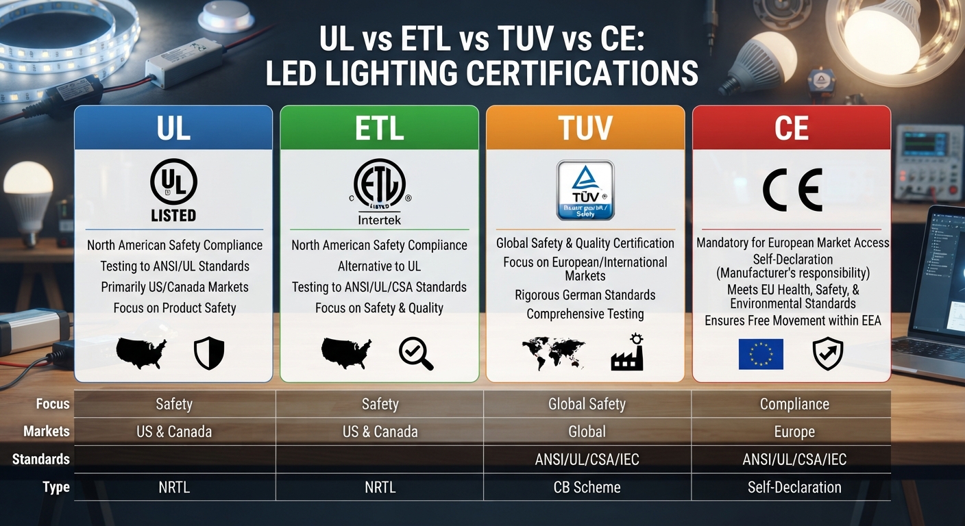 Comparison chart of UL, ETL, TUV and CE certification marks for LED lighting